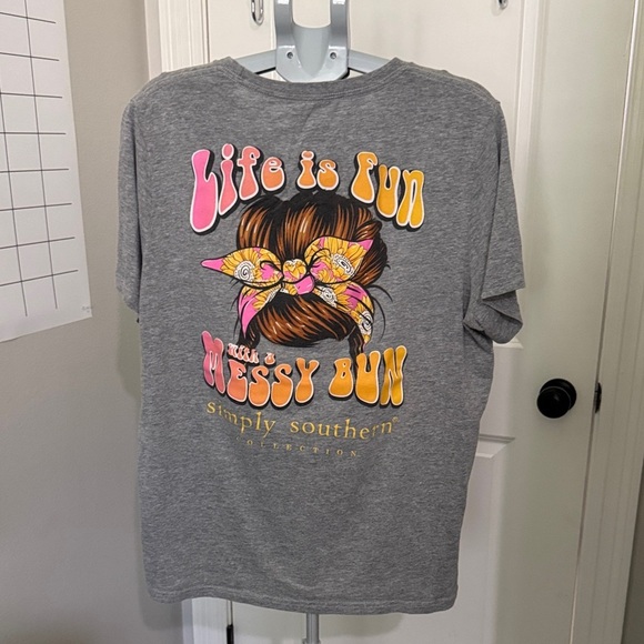 Simply Southern Tops - Simply Southern Gray Tee with Messy Bun Pink and Yellow Accents